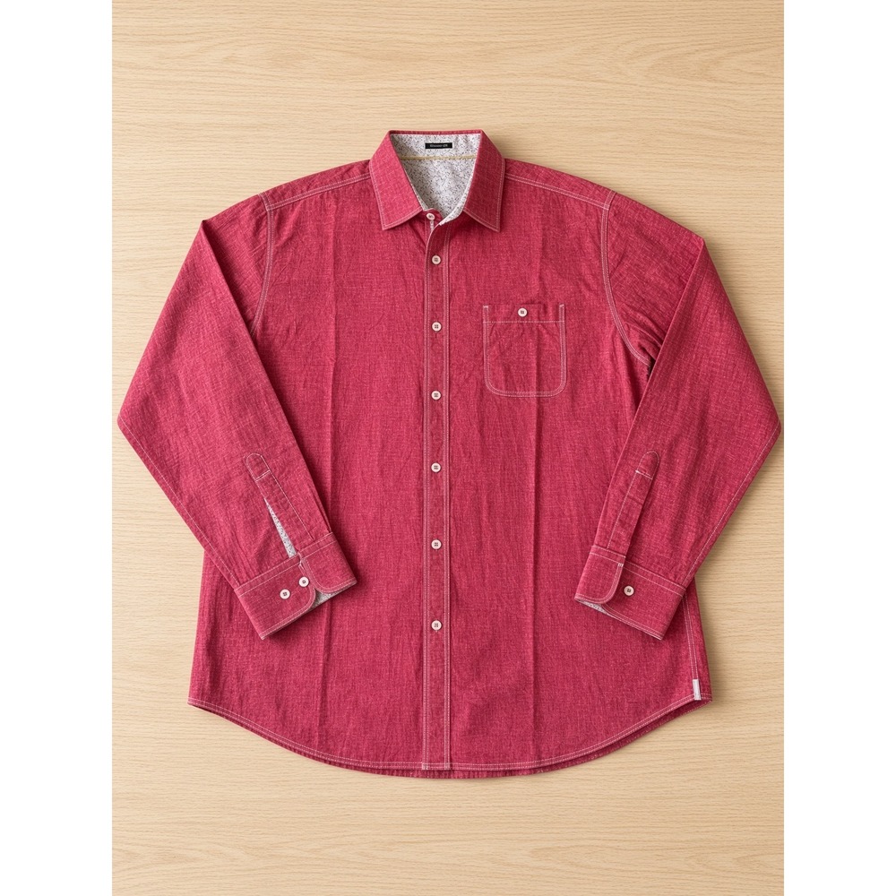 Bugatchi Uomo Mens Classic Fit Red Cotton Slub Button Down Shirt Contrast Stitch